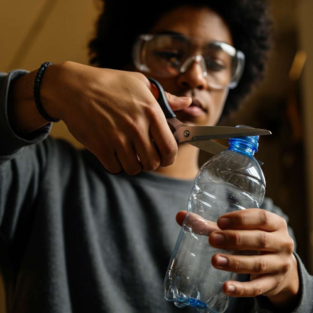 A person wearing safety glasses is carefully cutting a plastic bottle with a pair of scissors. The bottle is held firmly in place, and the scissors are moving smoothly along a marked line. The background is blurred, focusing attention on the hands and the bottle. The lighting is bright and even, ensuring clear visibility.