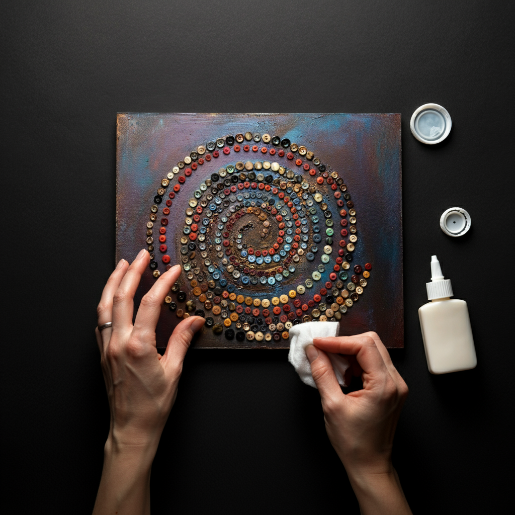 A top-down view of an artist's hands carefully gluing small, colorful buttons onto a piece of painted cardboard. The buttons are arranged in a spiral pattern, creating a visually appealing texture. A bottle of glue and a damp cloth are visible in the periphery. The lighting is soft and diffused, creating a warm and inviting atmosphere.