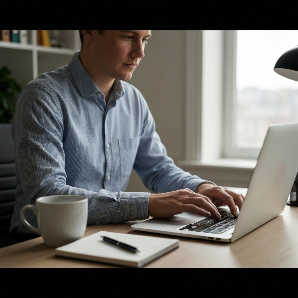A brightly lit home office. A person wearing a button-down shirt is sitting at a desk, meticulously typing notes into a laptop. The desk is organized with a notepad, pen, and a coffee mug. Soft bokeh in the background highlights the focused expression.