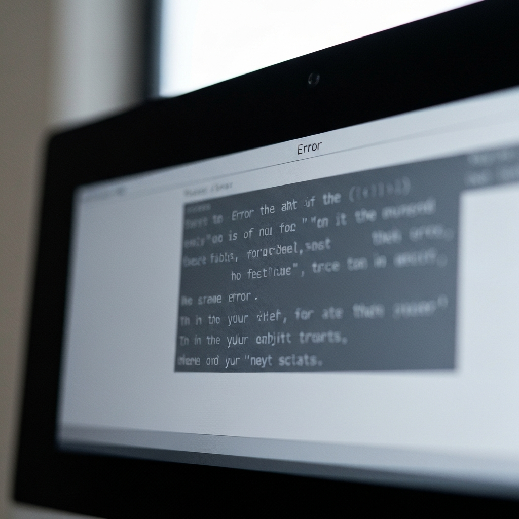 A close-up shot of a computer screen displaying a detailed error message. The lighting is soft and diffused, highlighting the clarity of the text. The focus is sharp on the error message, with a slight blur in the background.