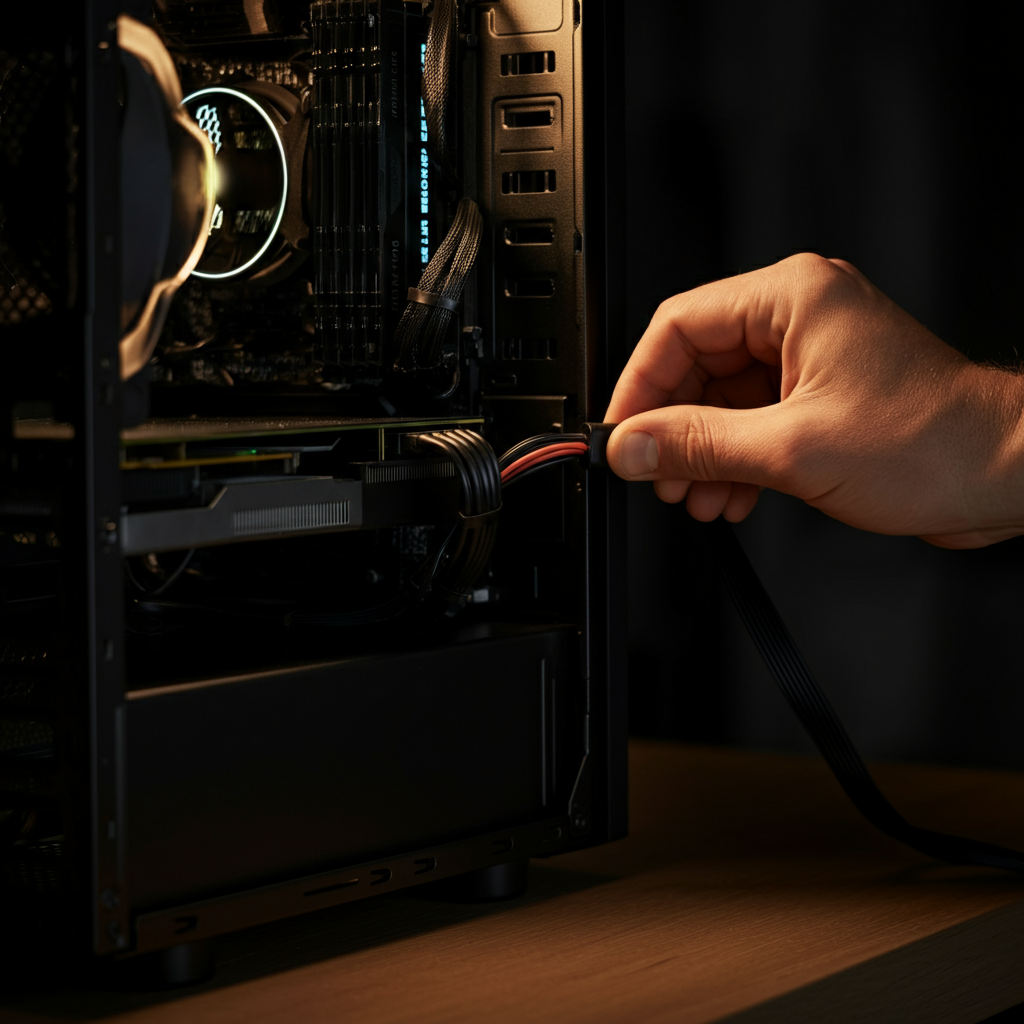 A hand reaching behind a computer tower, carefully checking the connection of a power cord. The lighting is warm, and the focus is on the connection point. The background is slightly blurred to emphasize the action.