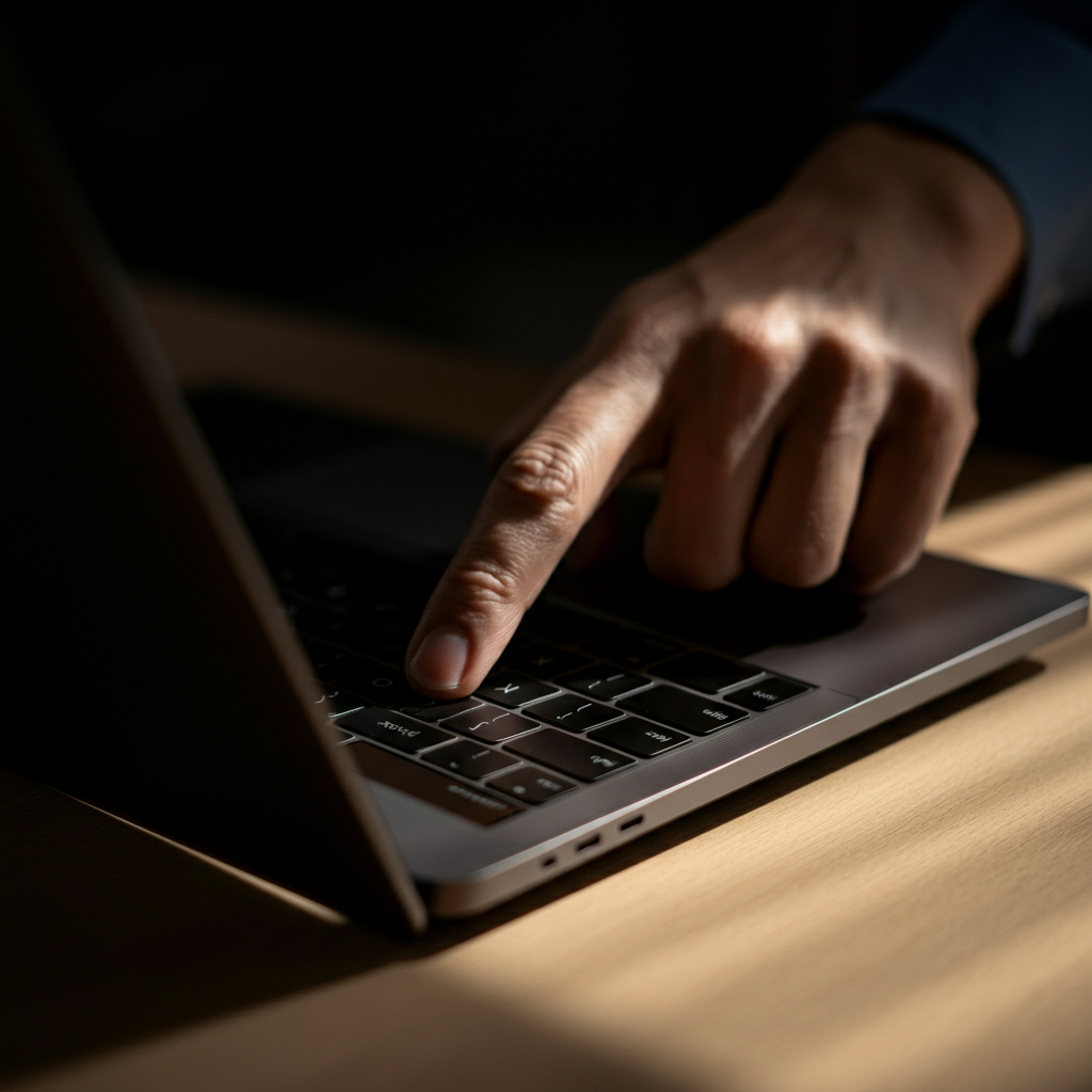 A finger pressing the power button on a laptop. The laptop is sitting on a clean, wooden desk. Natural light is streaming in from a window, creating a soft glow.