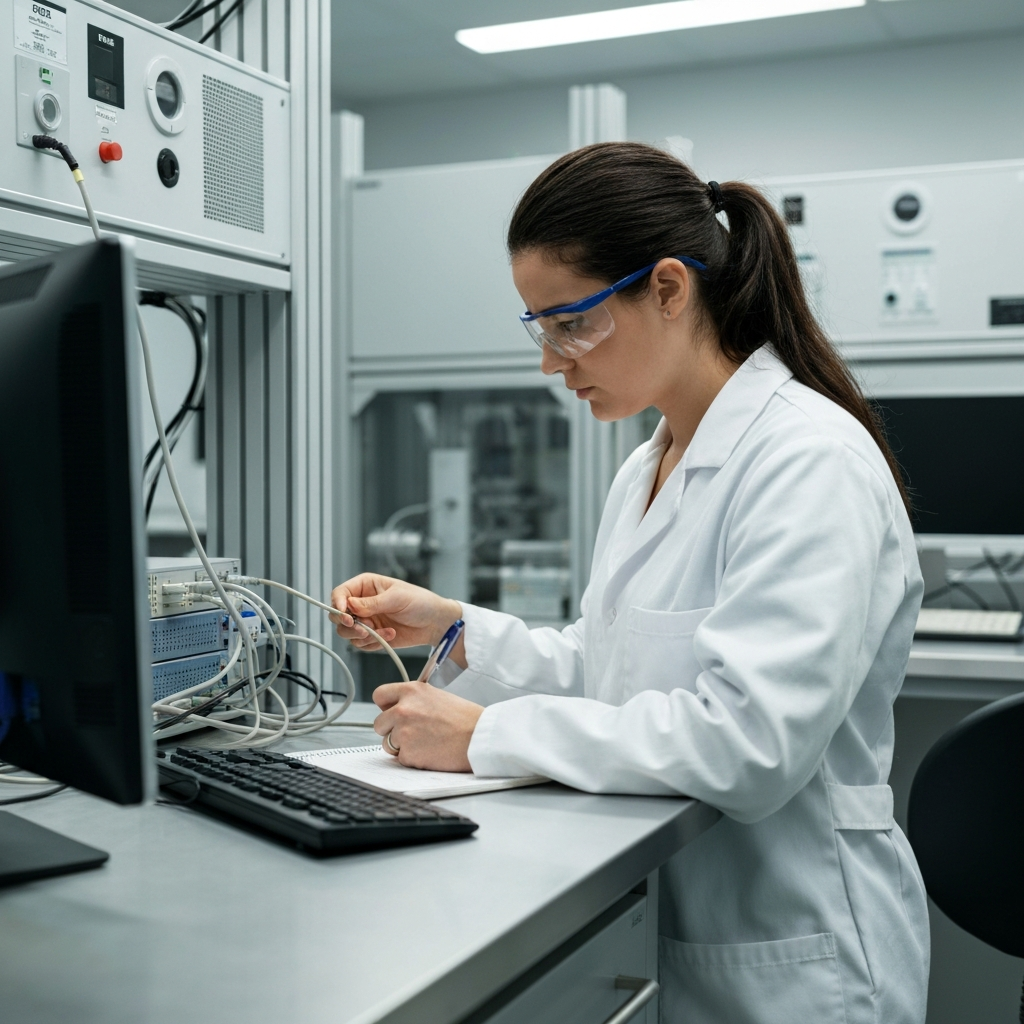 A technician in a brightly lit lab, systematically disconnecting cables from a computer while taking notes. The scene is meticulously organized, showcasing a professional environment. The technician is wearing a lab coat.