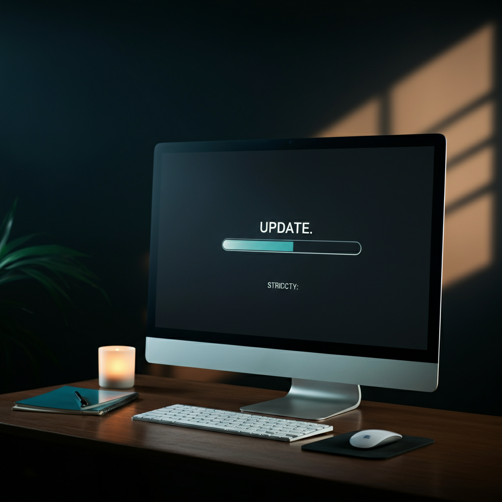 A computer screen displaying a software update progress bar. The lighting is soft and focused on the screen. The background is blurred to highlight the update process.