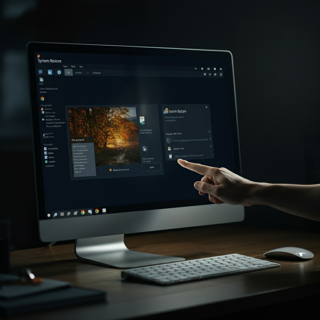 A computer displaying the System Restore interface in Windows. The user is navigating through the restore points, with a soft glow emanating from the screen.