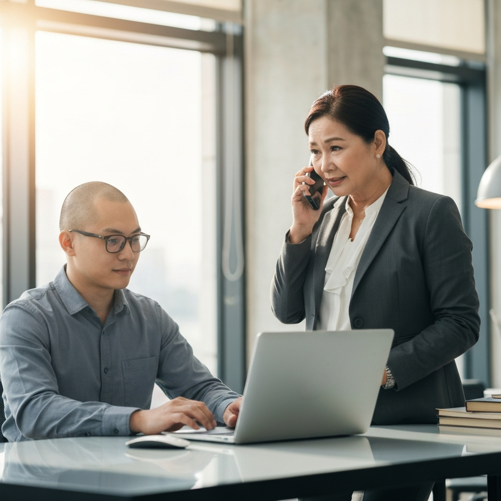 A person on the phone, talking to a tech support representative. They're holding a laptop in their other hand, and the lighting is professional and well-lit. They're in a clean, modern office environment.