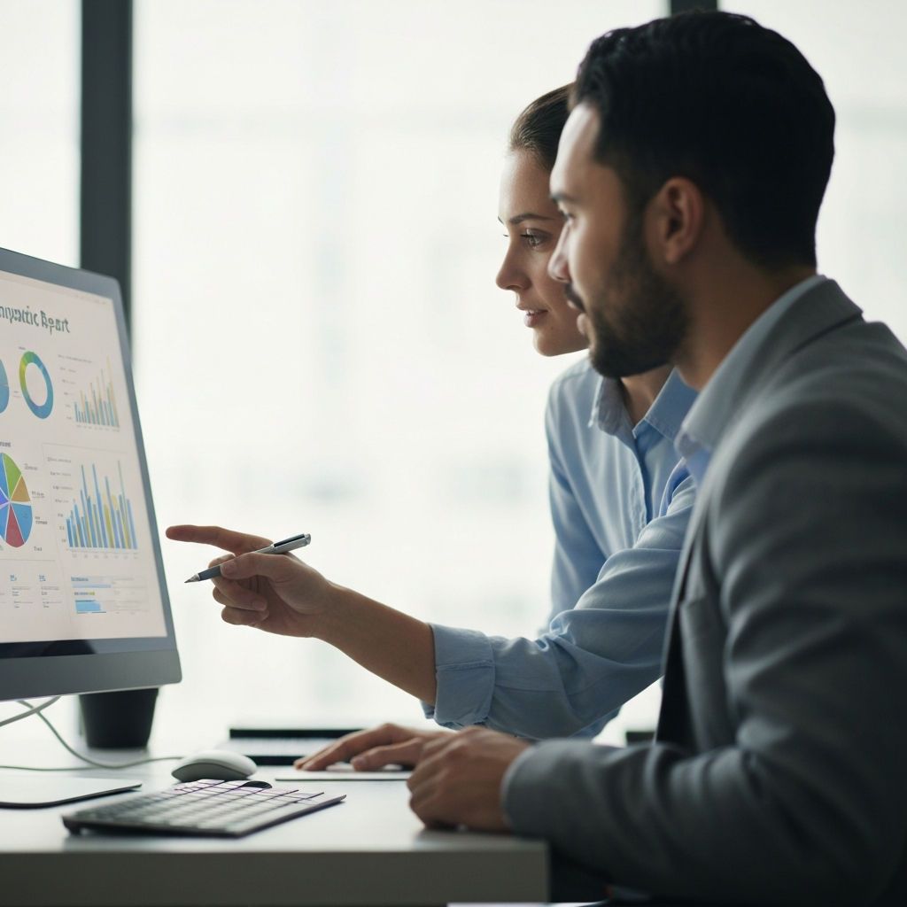 A brightly lit office. Two people are collaborating, one pointing at a demographic report displayed on a large monitor. Soft bokeh blurs the background, focusing on the report's colorful charts.