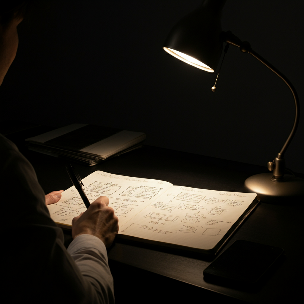 A person sits at a desk, bathed in the warm light of a desk lamp, meticulously outlining notes on a large notepad. The notepad is open to a page with handwritten text and diagrams.