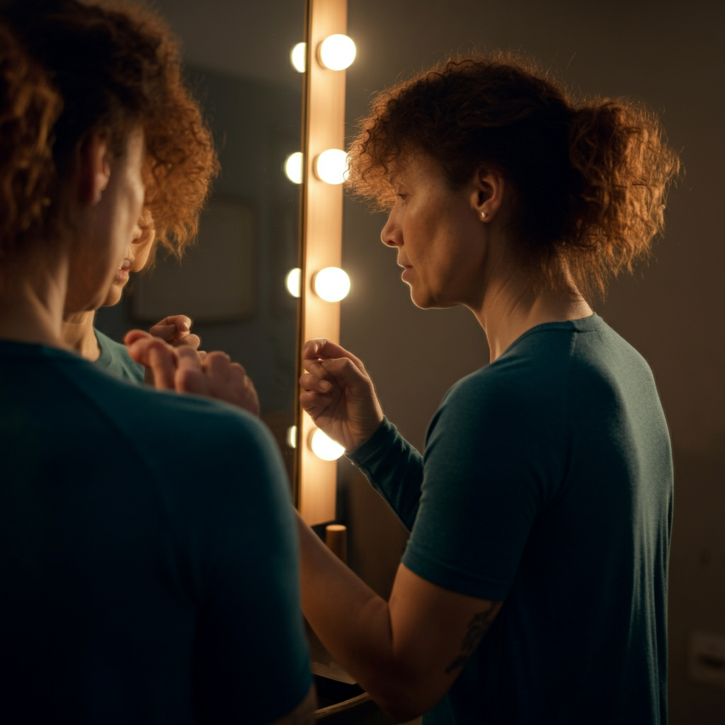 A person stands in front of a mirror, practicing gestures and facial expressions. The lighting is soft and even, highlighting the person's focused expression.