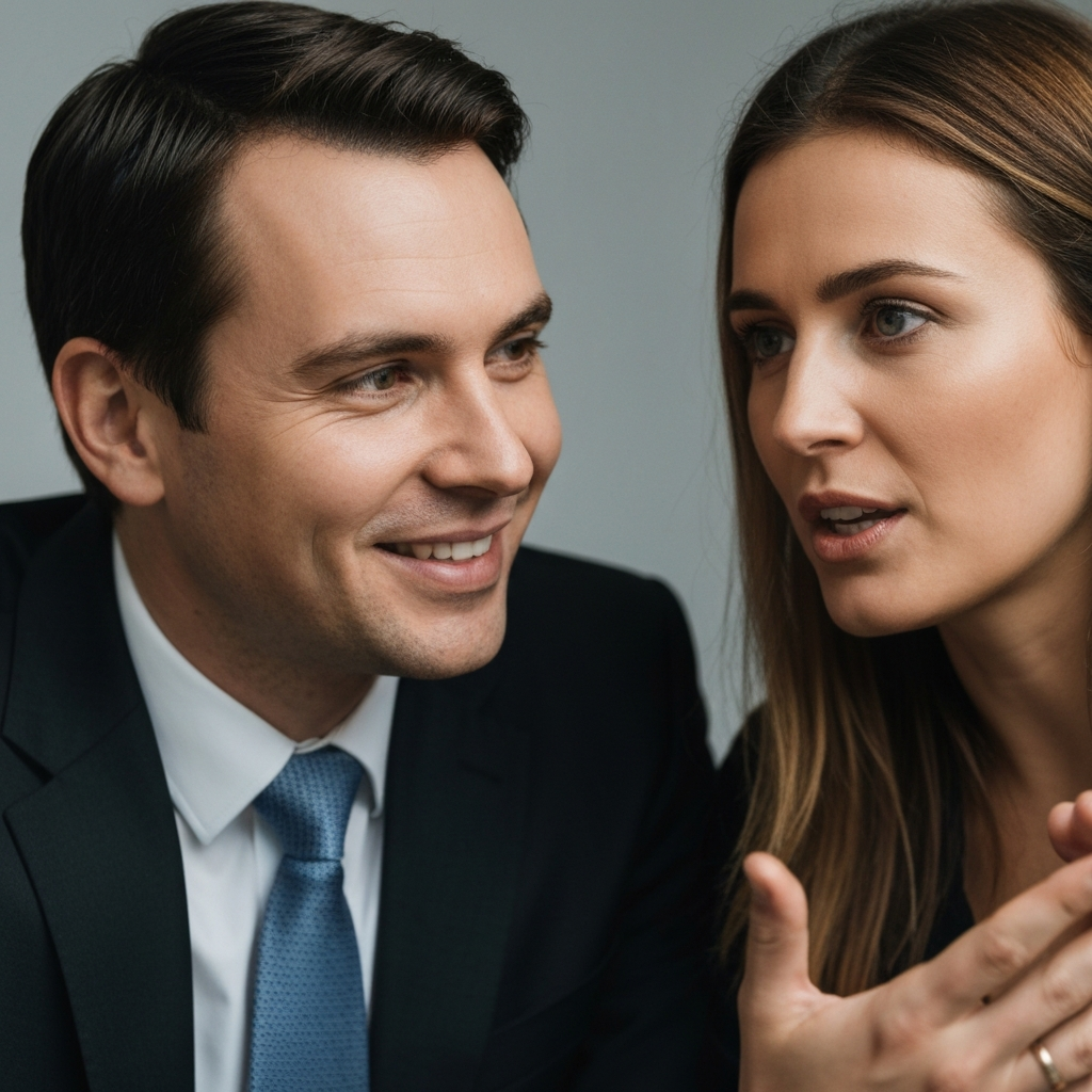 A close-up shot of two people engaged in a conversation. One person is leaning in attentively, with a slight smile, while the other speaks. The focus is on their faces and expressions.