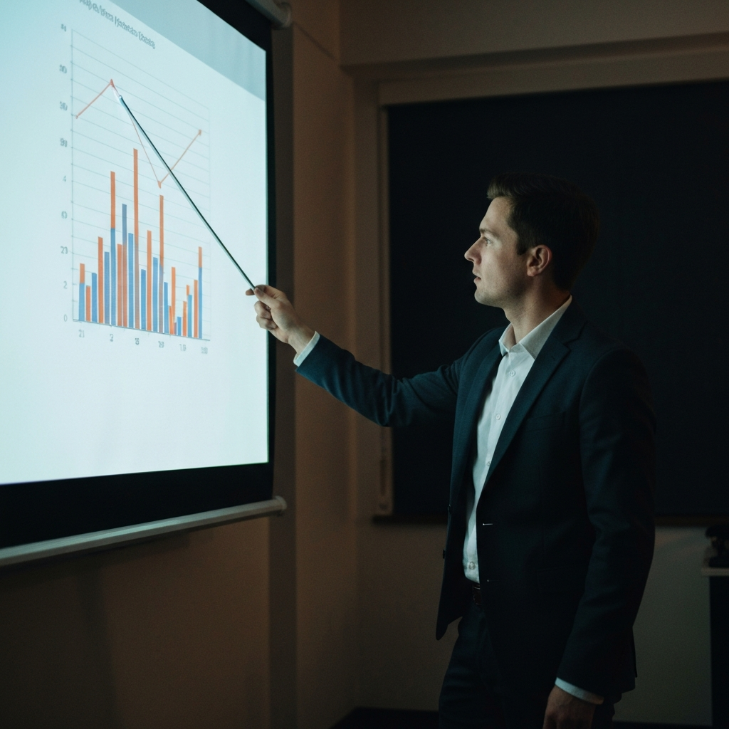A person stands next to a projector screen, pointing at a graph with a laser pointer. The room is dimly lit, highlighting the screen. The graph is clean and easy to understand.