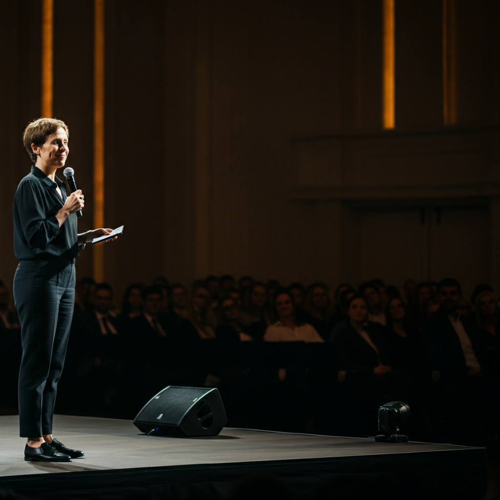 A person stands on a stage, facing an audience. They are holding a microphone and smiling slightly. The audience is blurred in the background, creating a sense of depth.