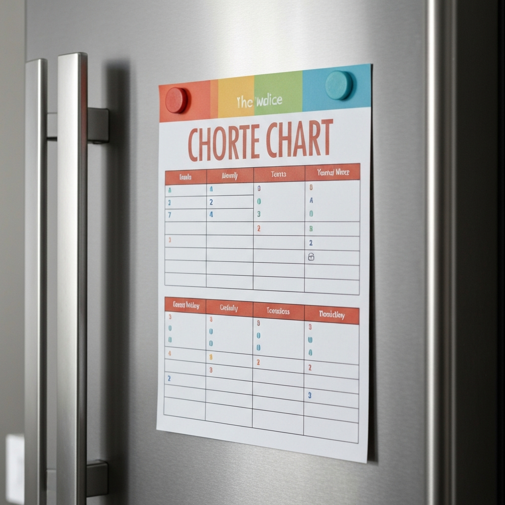A close-up of a colorful chore chart hanging on a refrigerator. Magnets attach the chart to the stainless steel surface. The chart is clearly organized, with each family member's name and assigned tasks listed in a neat grid. The lighting is even and diffused.