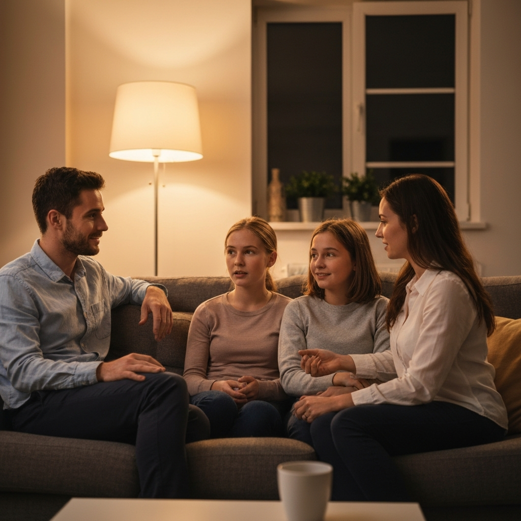 A family sits on a comfortable sofa in their living room, engaged in a conversation. The lighting is warm and inviting, with a soft glow emanating from a nearby lamp. The faces of the family members are relaxed and expressive.