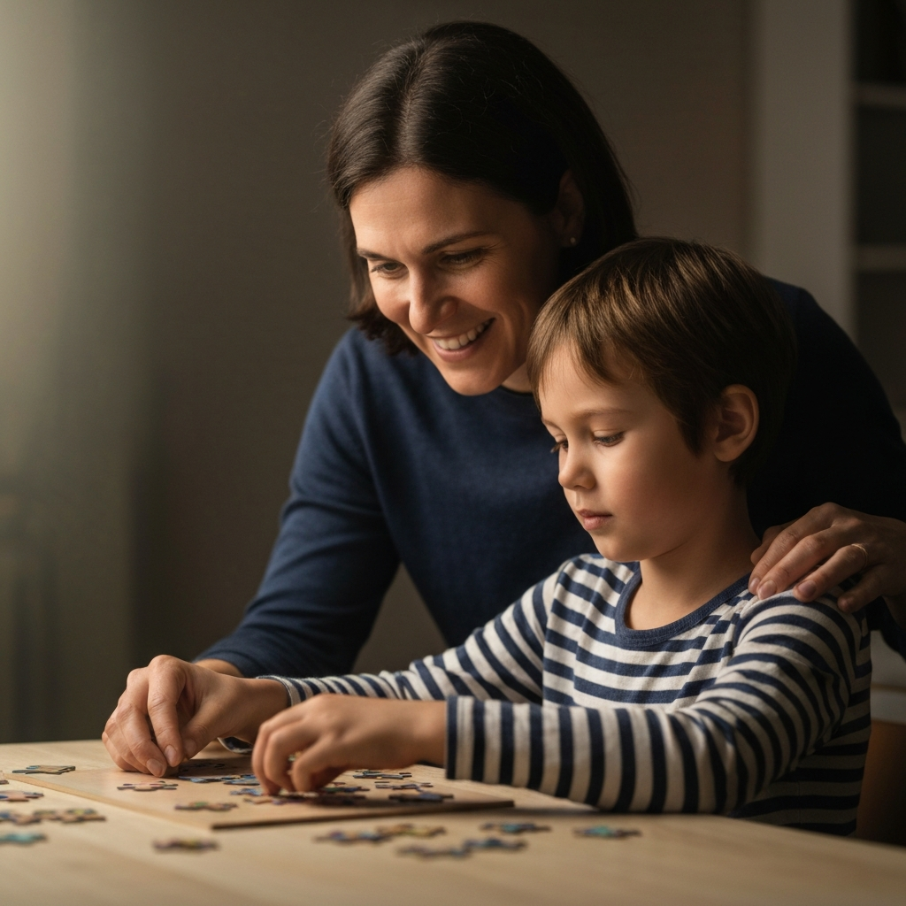 A parent smiles encouragingly at their child, who is diligently working on a puzzle at a table. The parent's hand rests gently on the child's shoulder. The scene is side-lit, highlighting the textures of the puzzle pieces and the child's focused expression.