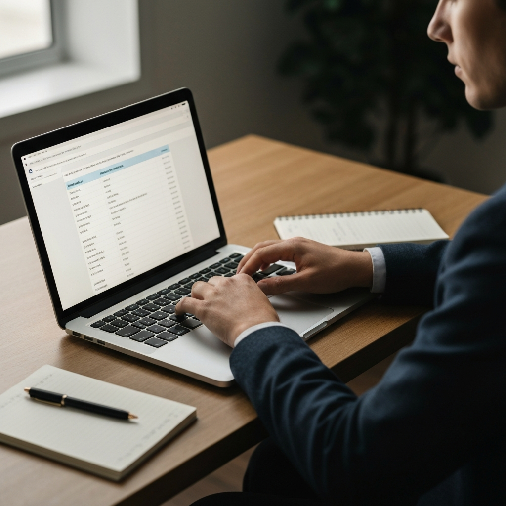 A person's hands typing on a laptop, entering expenses into a budgeting app spreadsheet. The room is illuminated by the laptop screen, casting a soft glow on their face. Pens and a notepad are casually placed next to the laptop on the desk.