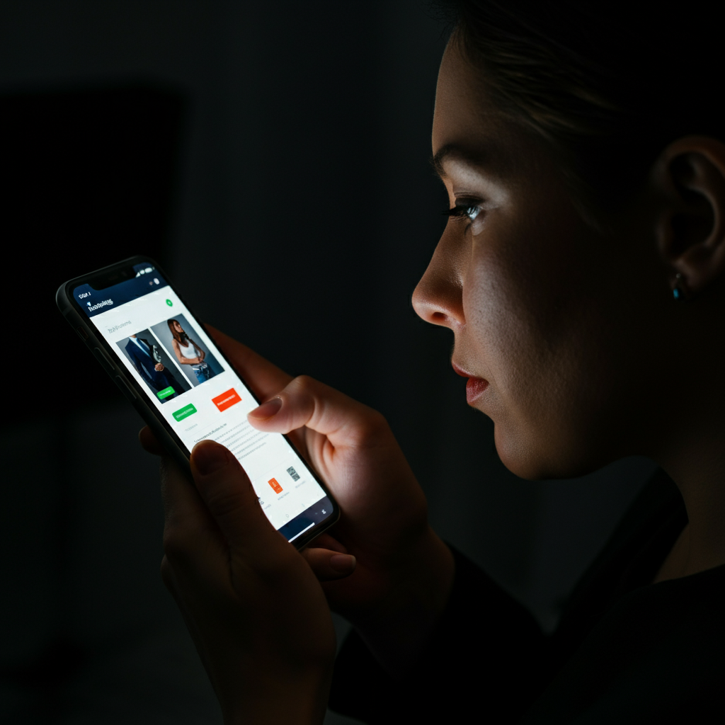 A person holding a cell phone, comparing prices of two similar products on different online shopping websites. The light from the phone screen illuminates their face in a dimly lit room, highlighting the focus on their eyes. The background is intentionally blurred.