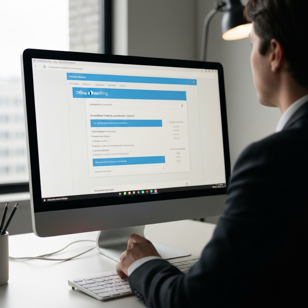 A computer screen displays an online banking interface with a scheduled automatic transfer set up. The screen is brightly lit, and the keyboard is partially visible in the foreground. The room is clean and modern, with minimalist decor.