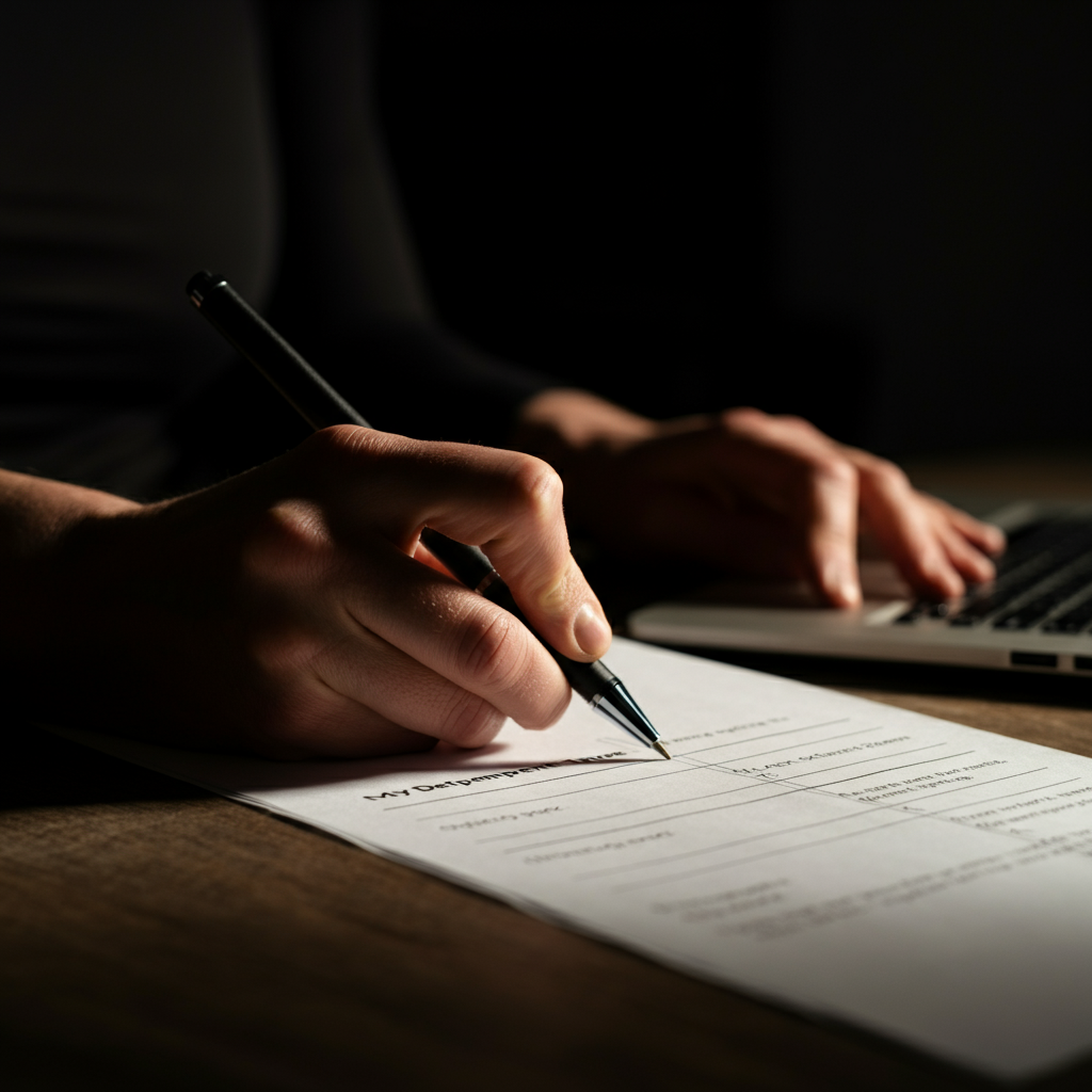 A person crossing out a line item on a debt repayment schedule. The paper is slightly wrinkled, suggesting it's been handled frequently. The scene is lit with warm, diffused light, creating a sense of determination.