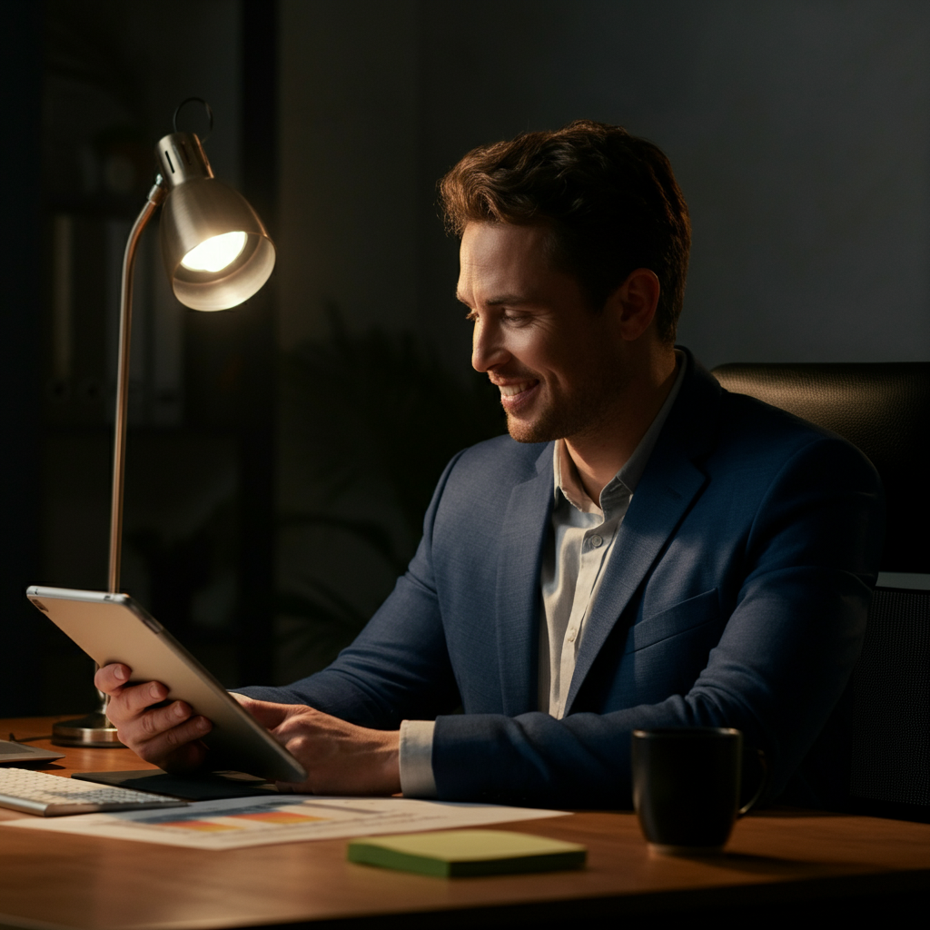 A person sitting at a desk, reviewing a budget spreadsheet on a tablet. They are smiling and appear to be satisfied with their progress. The room is well-lit and organized, creating a positive and productive atmosphere.