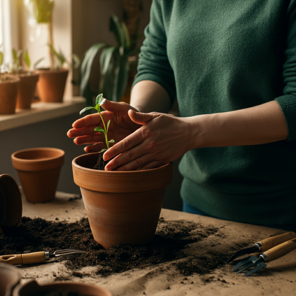 A person carefully transplants a seedling into a pot filled with soil, hands gently patting the soil, natural light coming through a window, potting bench cluttered with gardening tools.