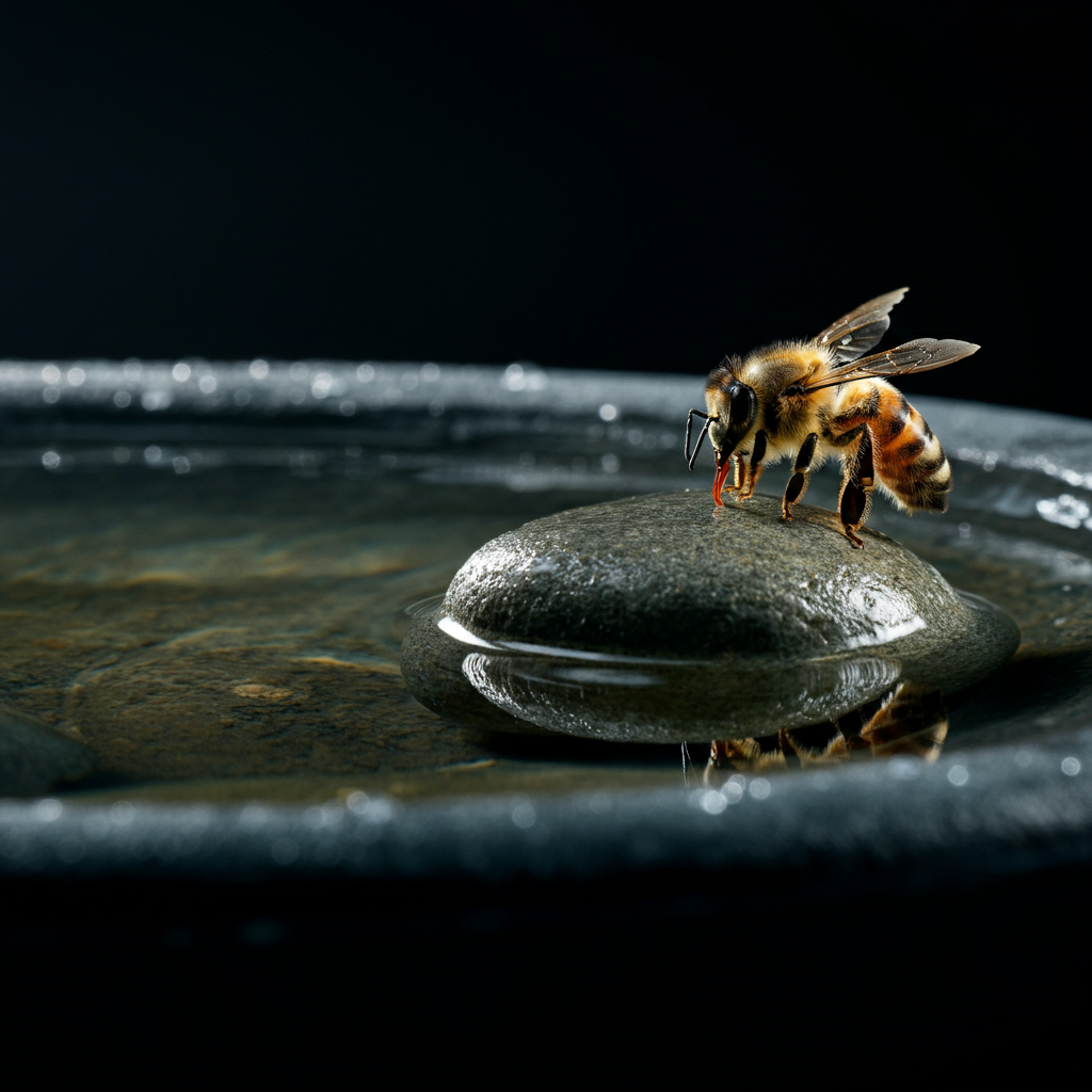 A close-up shot of a bird bath filled with water and pebbles, a bee delicately perched on a pebble drinking, side-lit textures highlighting the water droplets and stone.