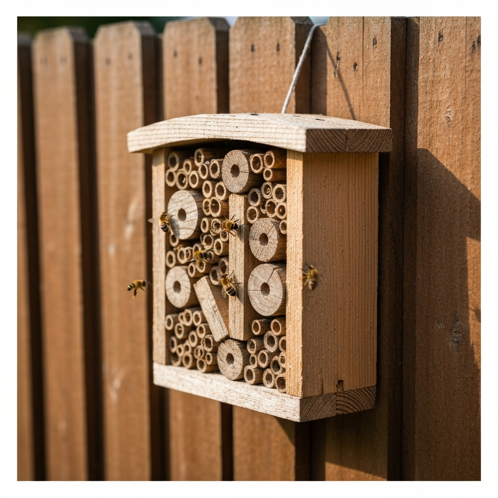 A bee hotel hanging on a wooden fence, various sizes of drilled holes visible, natural weathered wood texture, a few bees buzzing around the entrance.