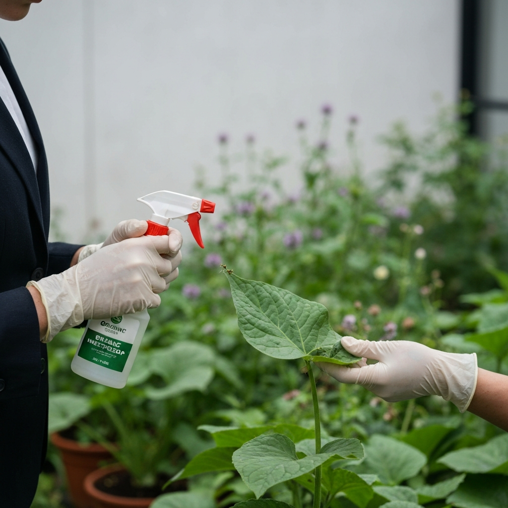 A person wearing gloves carefully inspecting a plant leaf for pests, a spray bottle of organic insecticidal soap nearby, soft focus background of a thriving garden.