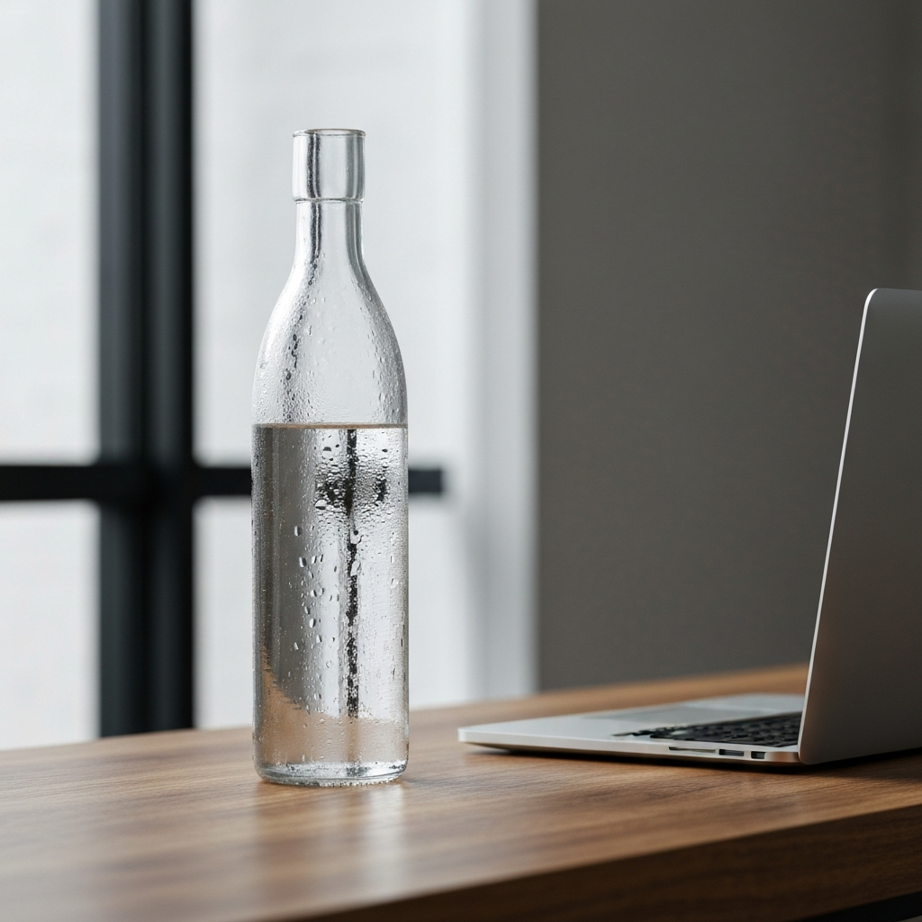 A clear glass water bottle sits on a wooden desk next to a laptop. Condensation droplets cling to the bottle. The lighting is natural and even, highlighting the texture of the wood and glass.
