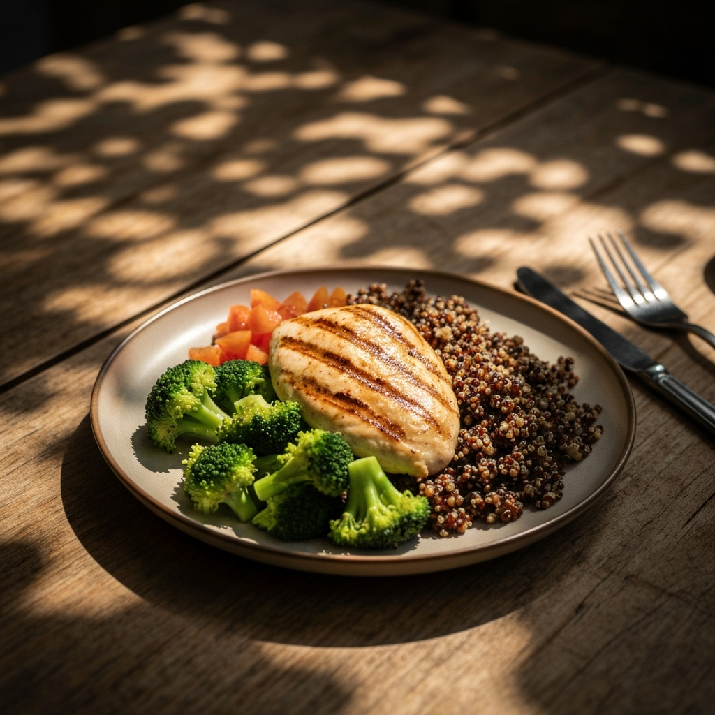 A colorful plate of food featuring grilled chicken breast, quinoa, and steamed broccoli. The plate is set on a rustic wooden table with dappled sunlight creating soft shadows. The focus is on the vibrant colors and textures of the ingredients.
