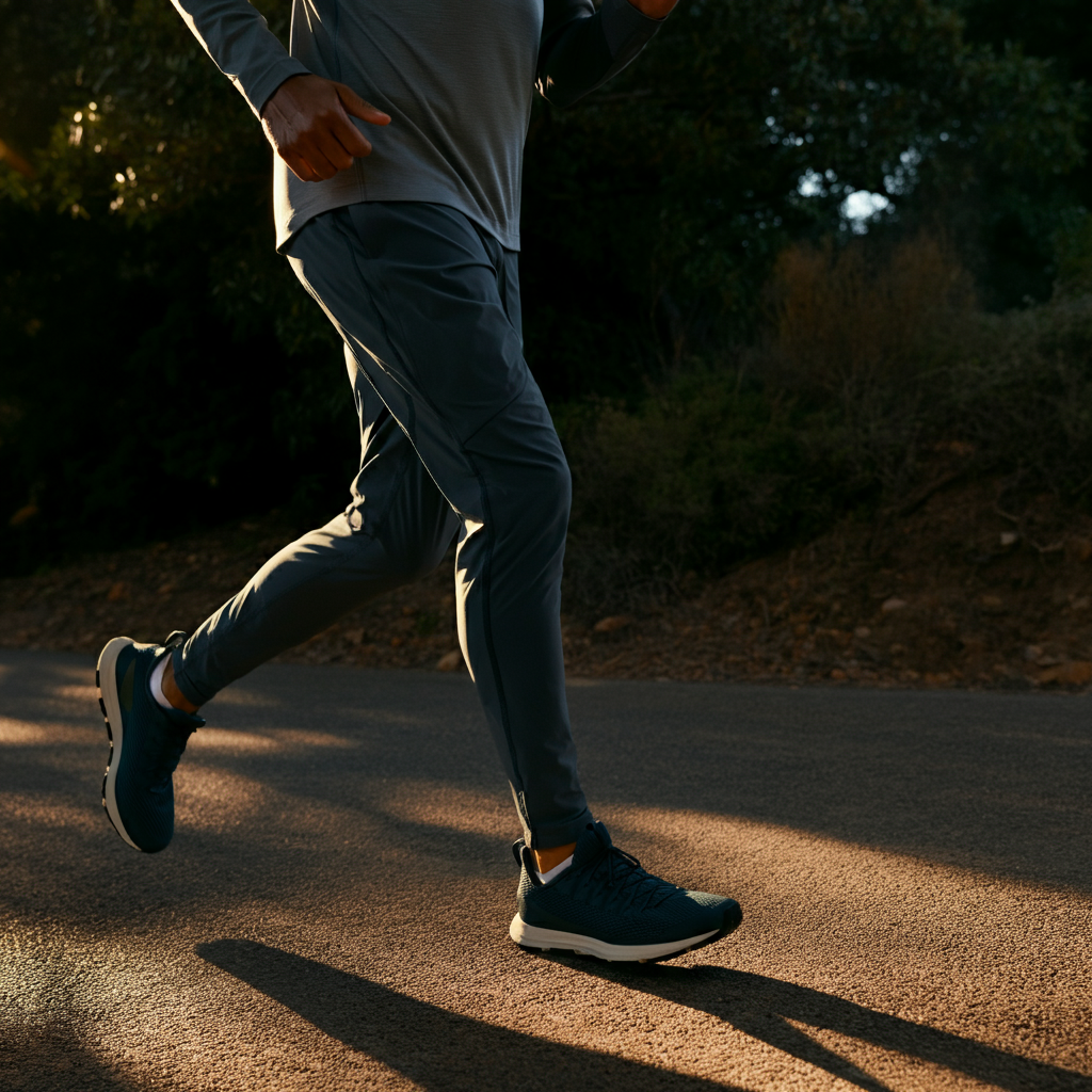 A person wearing athletic clothing walks briskly on a tree-lined trail. Golden hour lighting creates long shadows. The background is blurred with a soft bokeh effect.