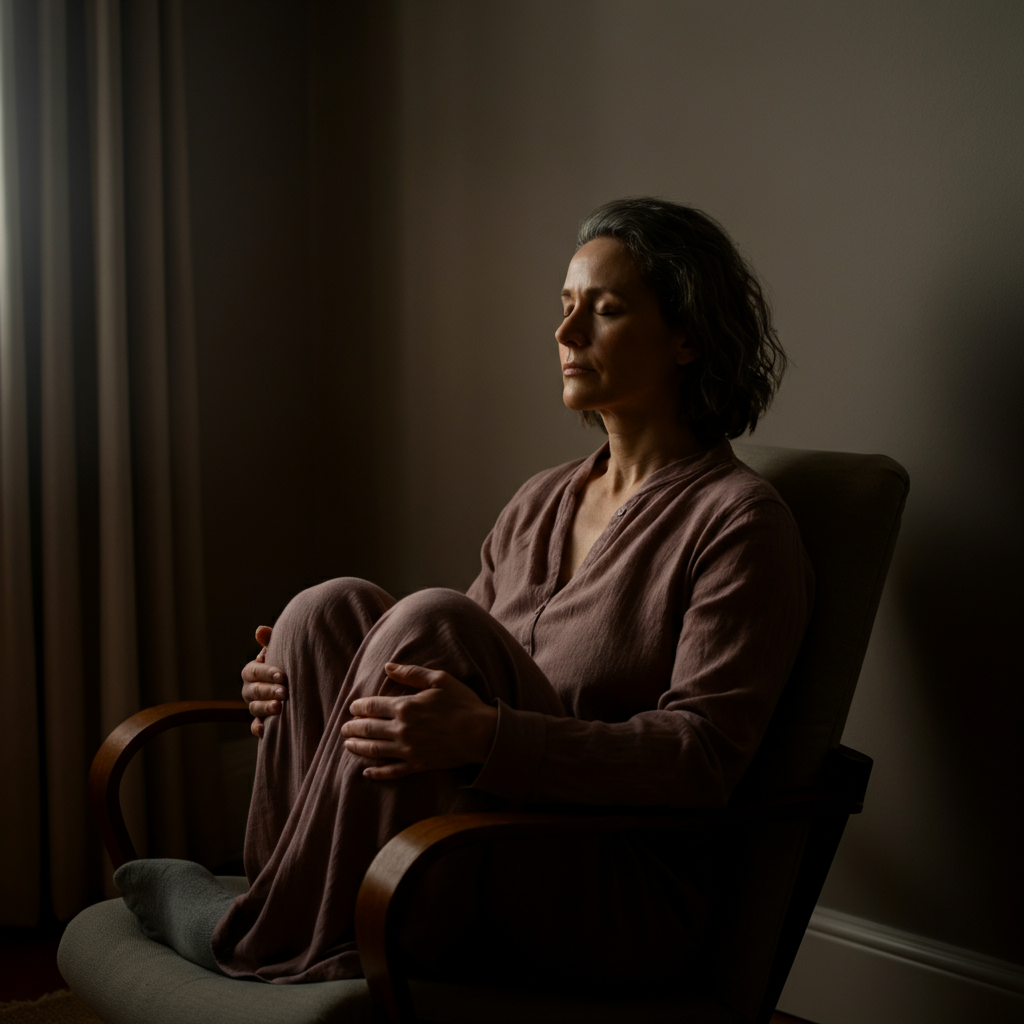 A person sitting in a comfortable chair with eyes closed, meditating in a quiet room. Soft, natural light fills the space. The person's hands rest gently on their knees.