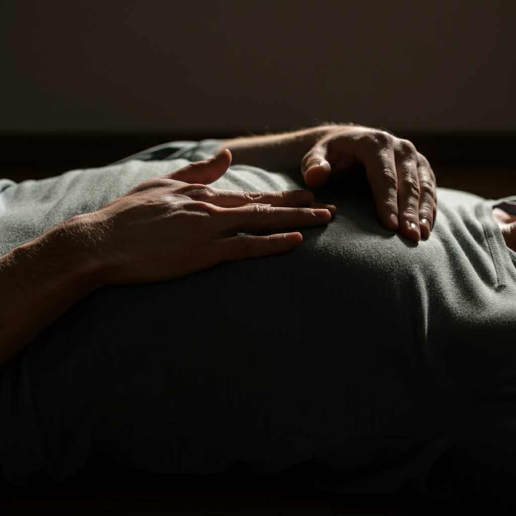 A person lying on their back with one hand on their chest and the other on their stomach, demonstrating diaphragmatic breathing. Soft, diffused light illuminates the scene. Focus on the subtle movement of the hands.