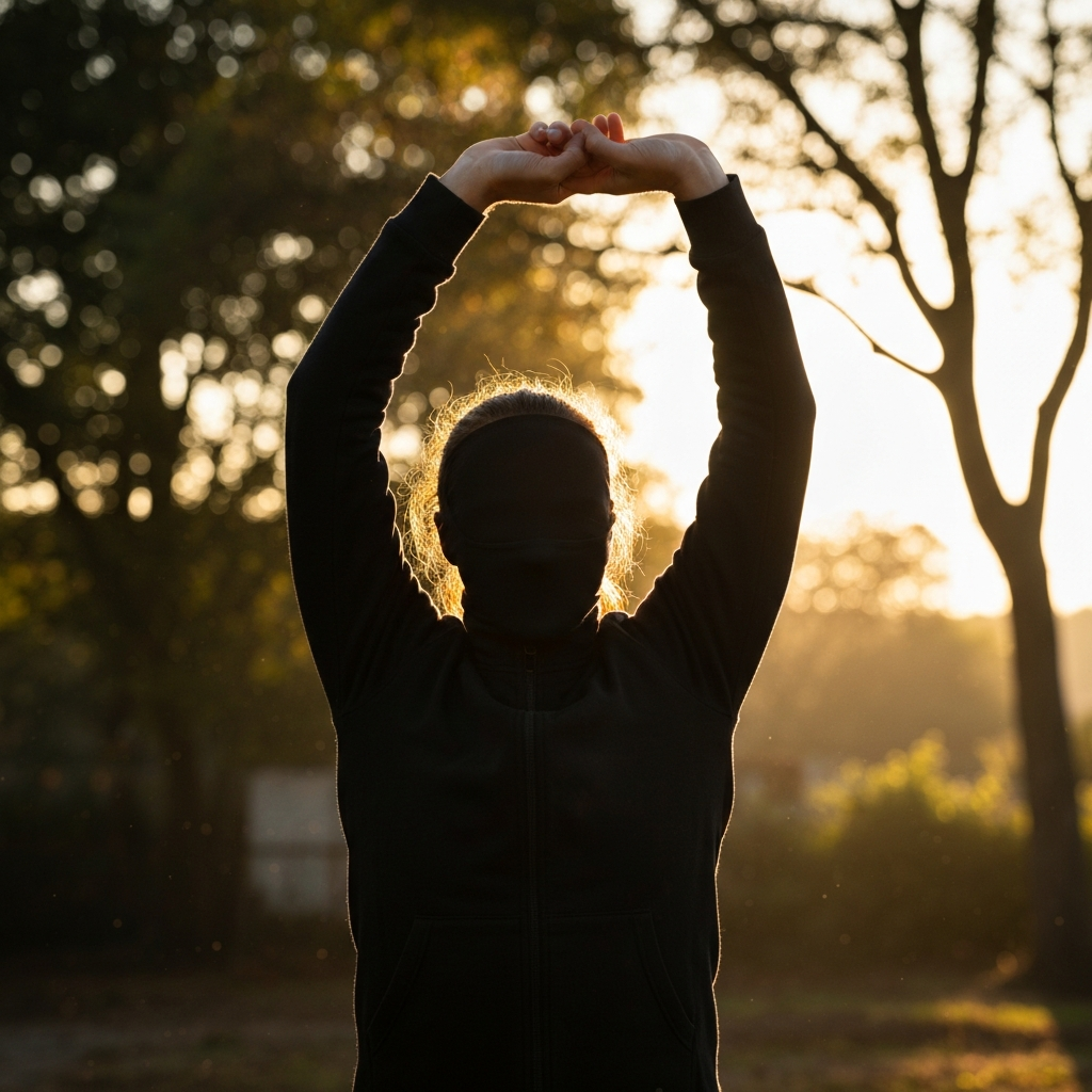 A person standing outdoors in the morning sunlight, stretching their arms above their head. Soft golden light illuminates their face and body. The background features trees and foliage.