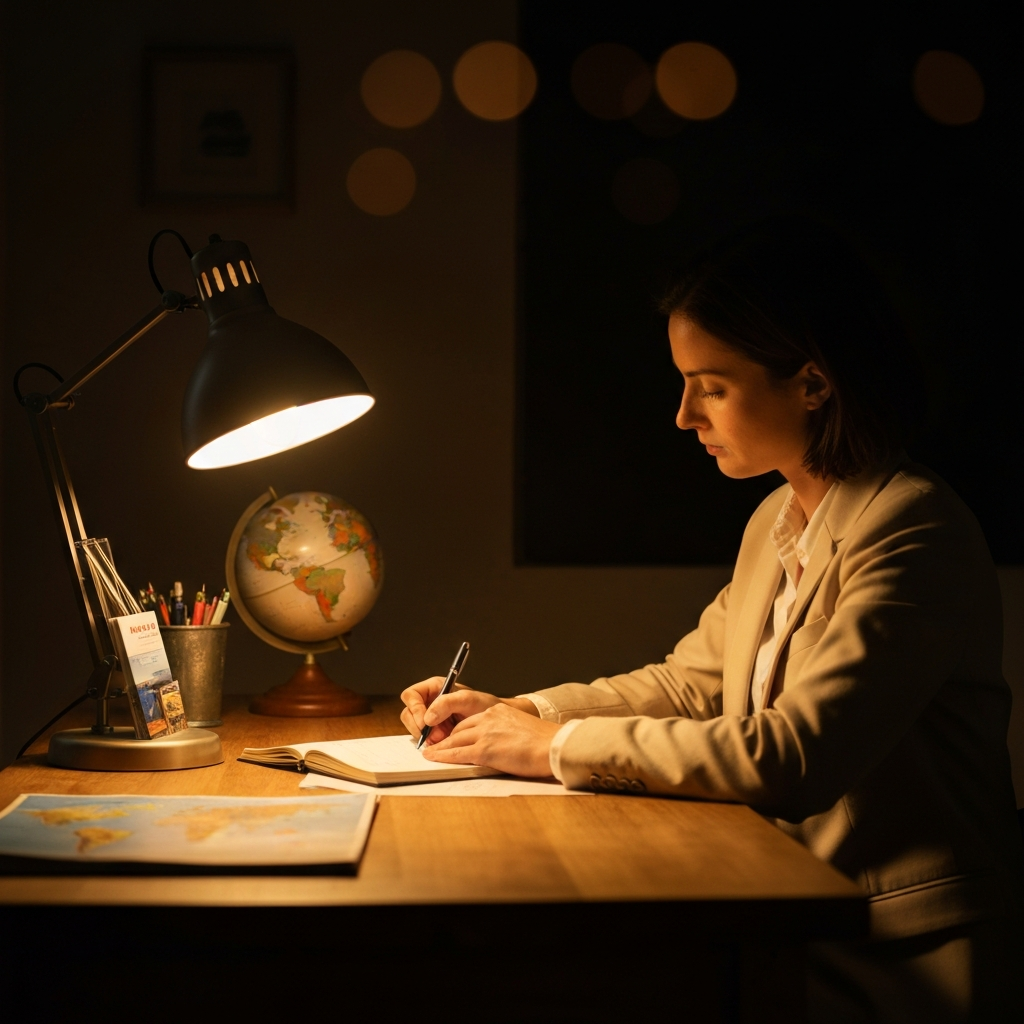 A person sitting at a wooden desk, illuminated by a warm lamp, writing in a notebook. The desk is cluttered with travel brochures and a world map. Soft bokeh in the background highlights a globe.