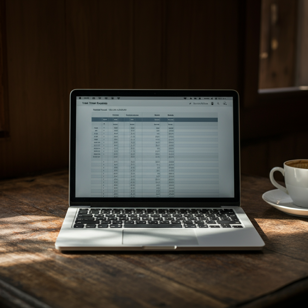 A laptop displaying a spreadsheet with travel expenses. Natural light streams in from a window, casting soft shadows on the keyboard. The laptop is placed on a rustic wooden table with a cup of coffee nearby.