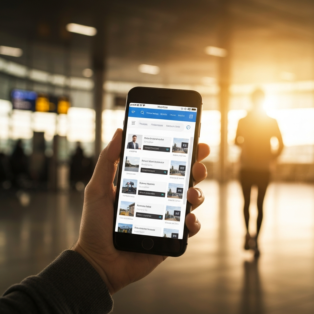 A smartphone displaying a flight comparison website with various flight options. The phone is held in a hand against a backdrop of a brightly lit airport terminal, slightly blurred in the background. Golden hour lighting fills the scene.