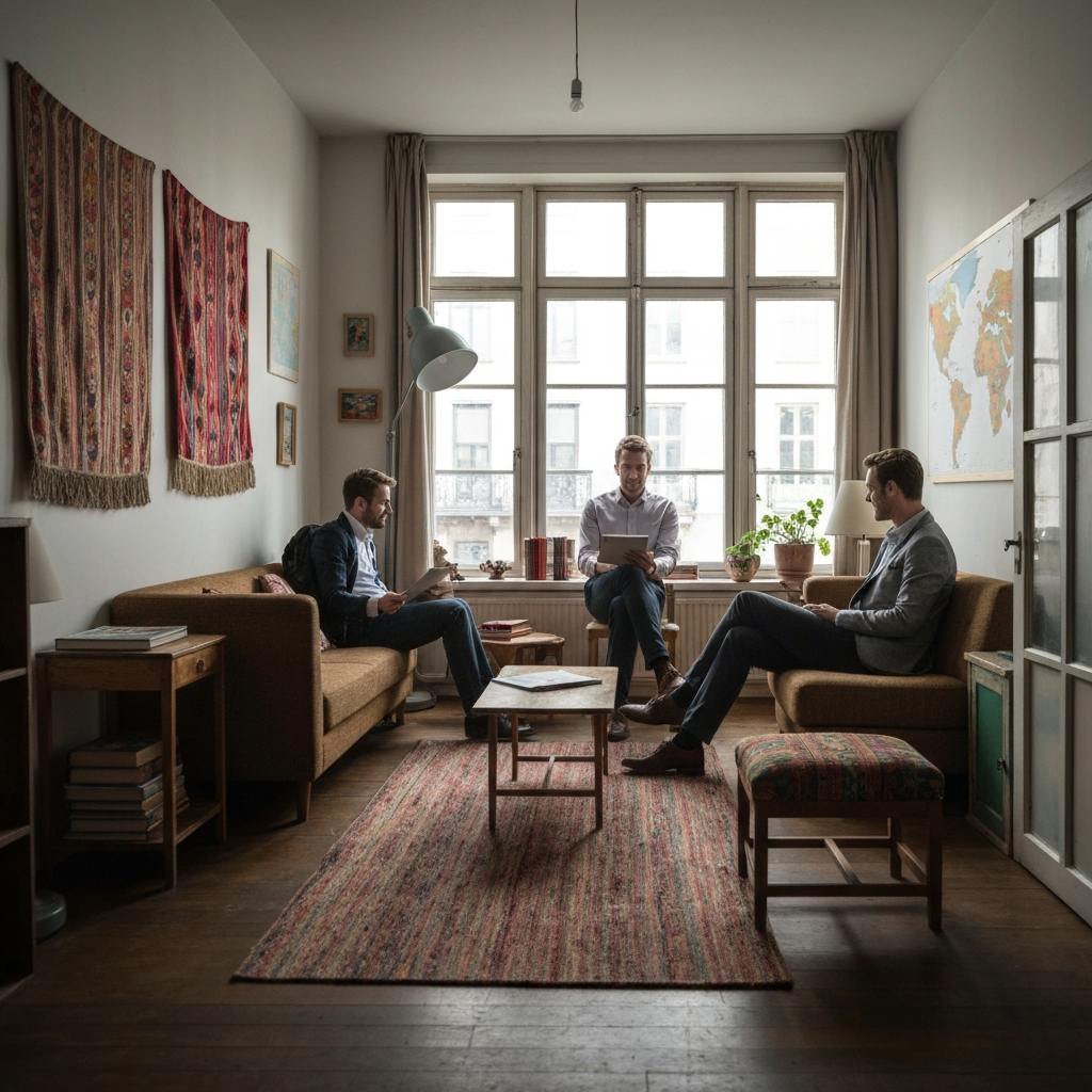 A cozy hostel common room with travelers interacting. The room is decorated with colorful textiles and maps. Soft, diffused light filters through a large window, highlighting the textures of the furniture.