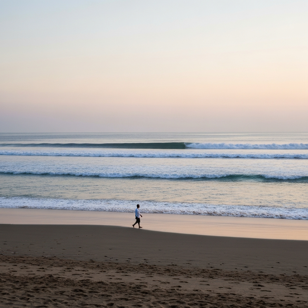 A quiet beach in Bali during the shoulder season. The waves are calm, and the sky is a soft pastel color. A single person is strolling along the shore. The scene is peaceful and serene.