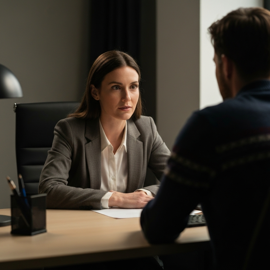 A dimly lit office. A woman in a blazer sits at a desk, facing a man in a sweater. She is leaning forward, making eye contact, her hands resting calmly on the desk. Soft focus on the background.