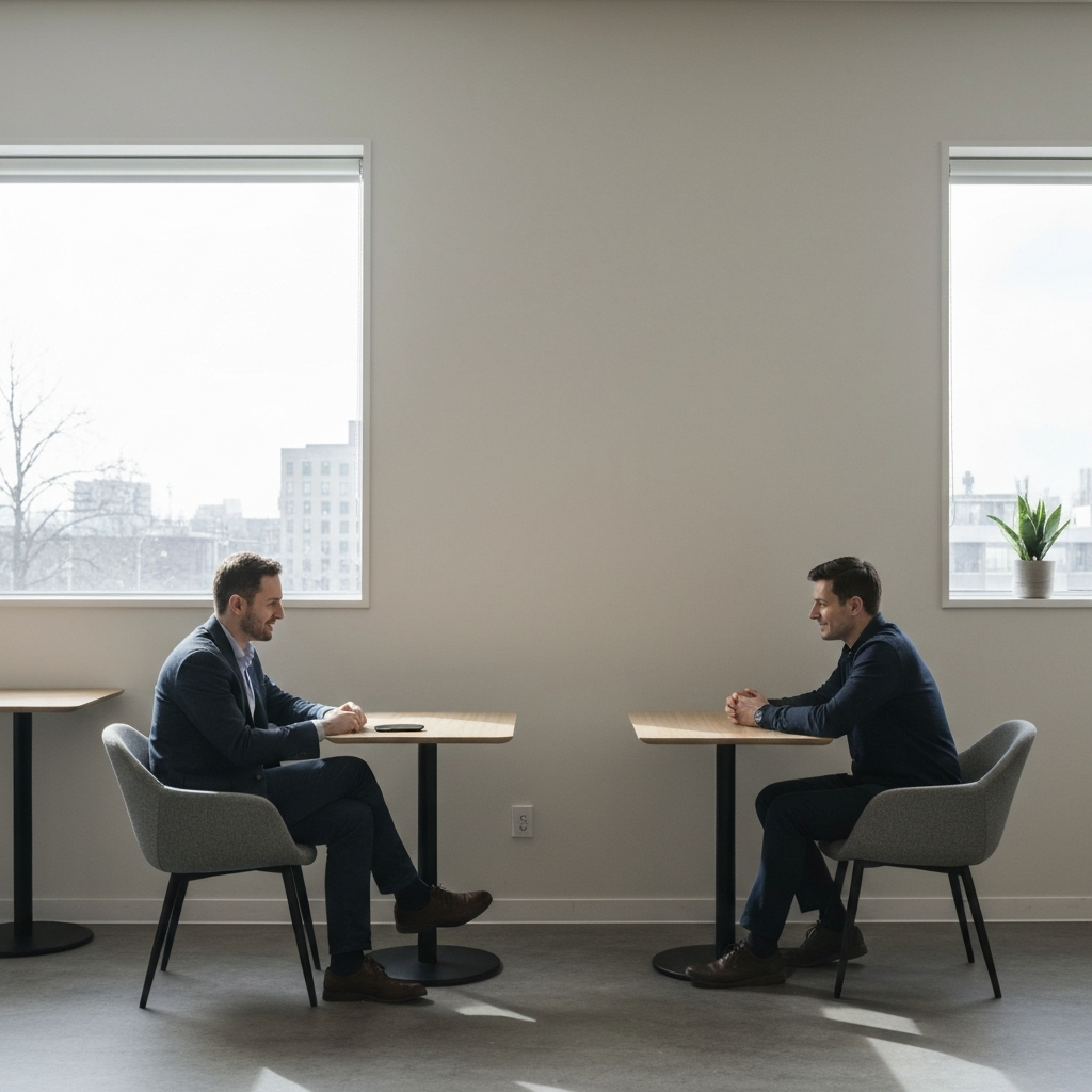 A brightly lit, modern co-working space. Two people are sitting across from each other at a small table. One has put their phone face down on the table. Natural light streams in from a nearby window, casting soft shadows.