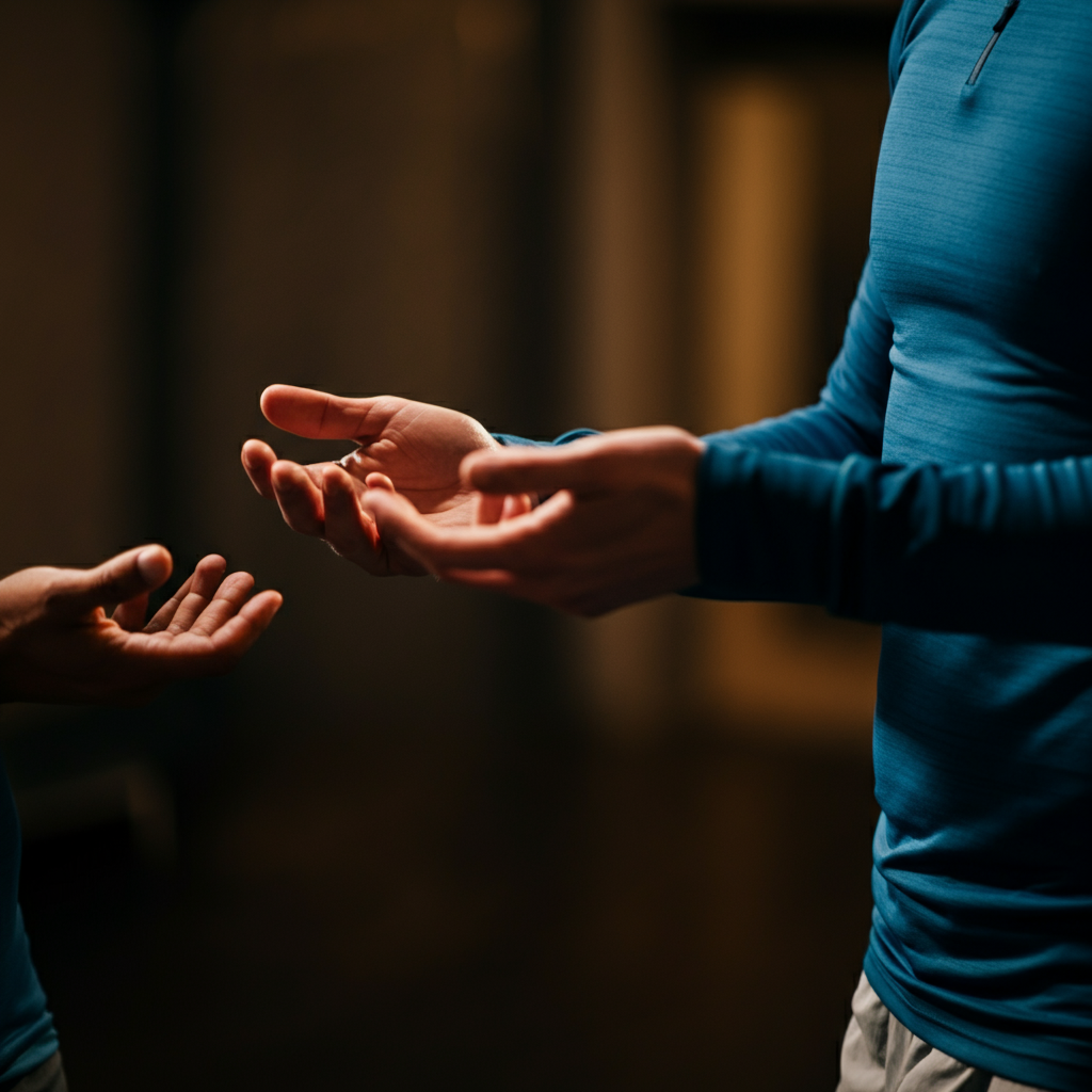 Close-up shot of two hands gesturing during a conversation. One hand is slightly open, the other is making a pointing gesture. The background is blurred, focusing on the textures of skin and clothing.