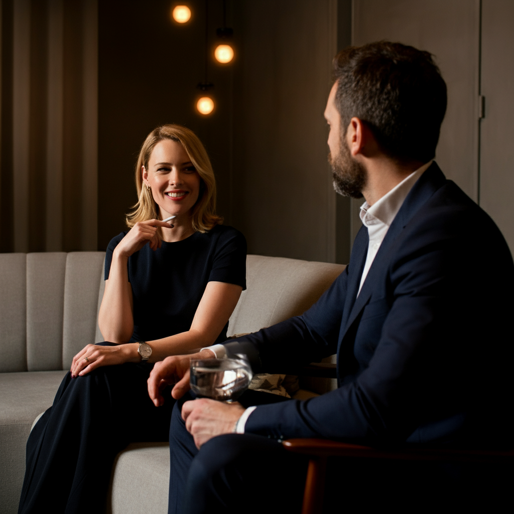 Two people are sitting on a comfortable sofa, engaged in conversation. The woman is smiling and nodding slightly as the man speaks. The room is warmly lit with soft bokeh in the background.