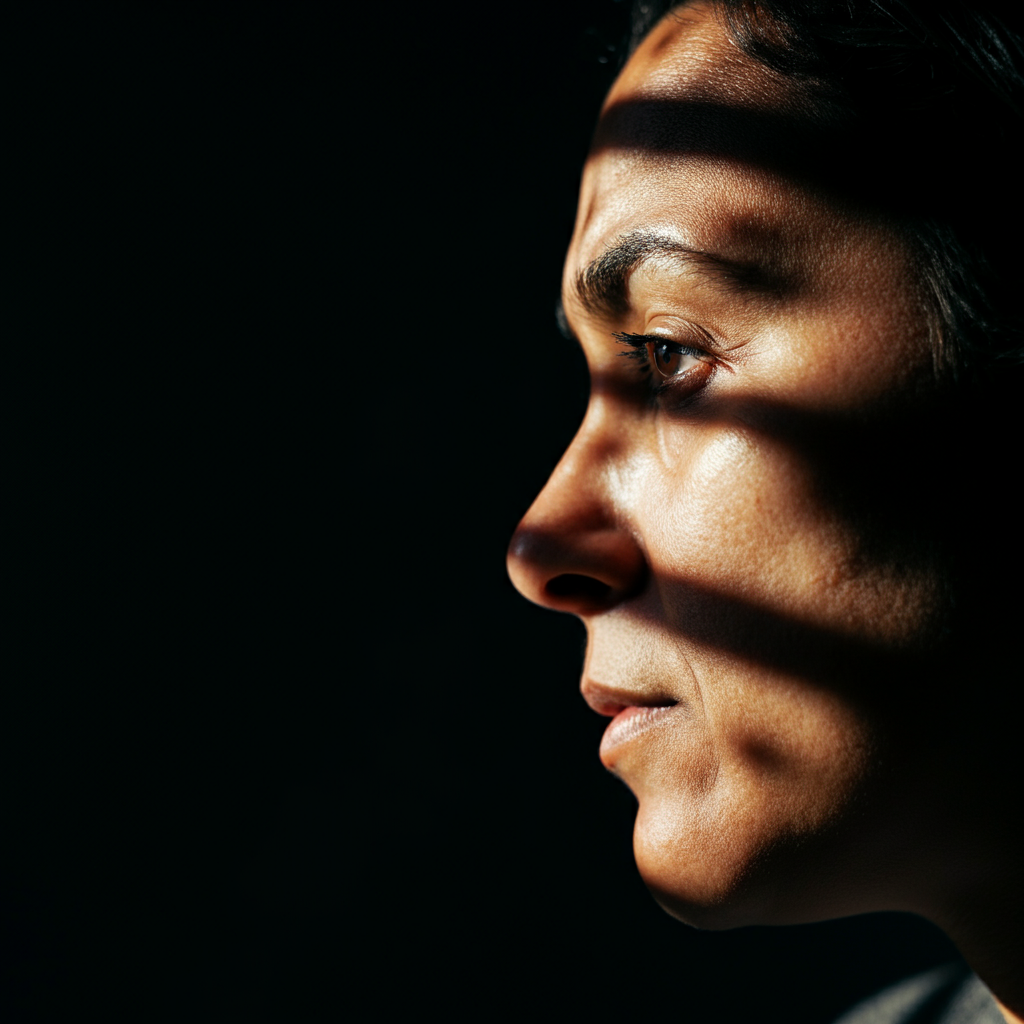 A side-lit shot of a person's face, intently listening. The light highlights the texture of their skin and the thoughtful expression in their eyes. Soft shadows add depth to the image.