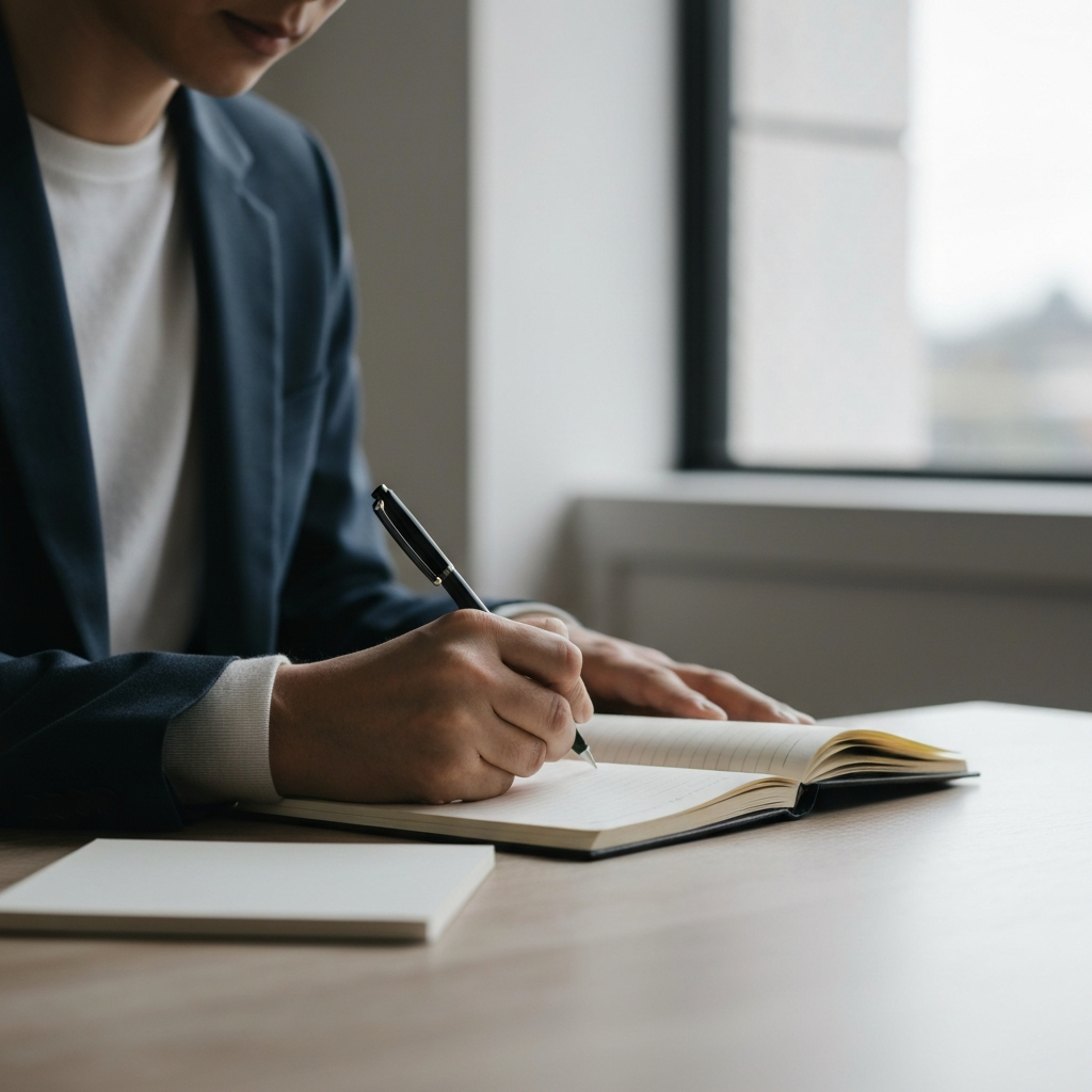 A person sitting at a table, writing in a notebook with a pen. The lighting is focused on their hands and the notebook, creating a sense of concentration and reflection.