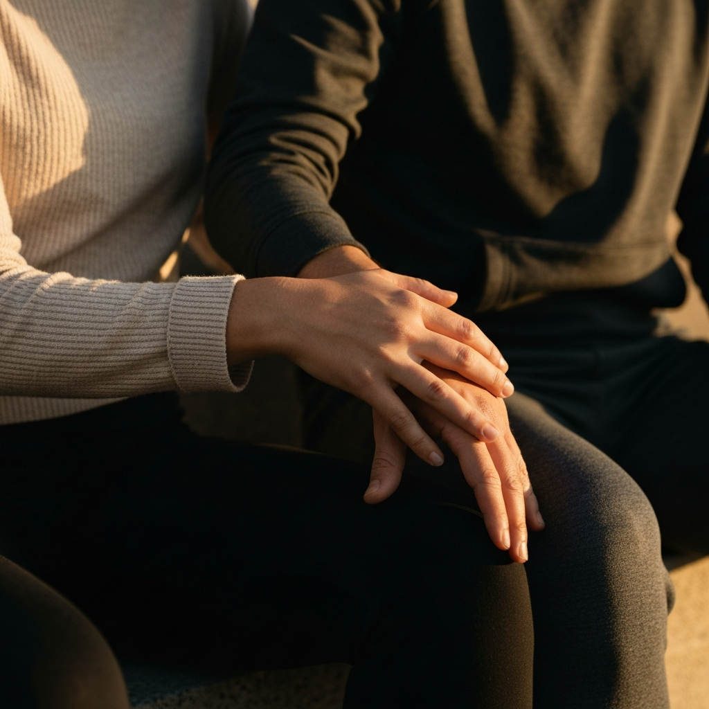 Two people are sitting closely together, one with a hand gently placed on the other's arm. The lighting is soft and warm, creating a sense of comfort and connection. The focus is on their hands and the gentle touch.