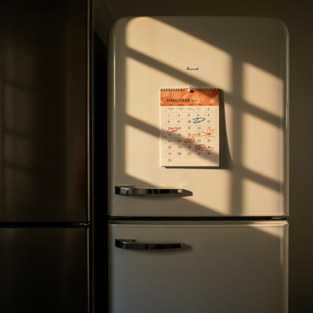 A close-up of a brightly colored wall calendar with family members' events marked in different colors. The calendar hangs near a refrigerator, illuminated by natural light.