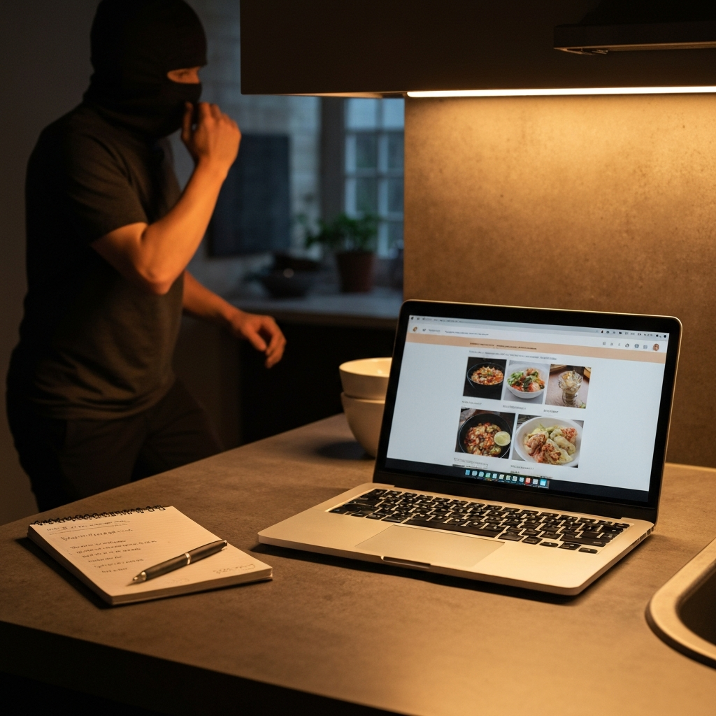 A kitchen counter with a laptop displaying a recipe website. A notebook and pen lie next to the laptop. A partially filled grocery list is visible, illuminated by the warm glow of overhead lighting.