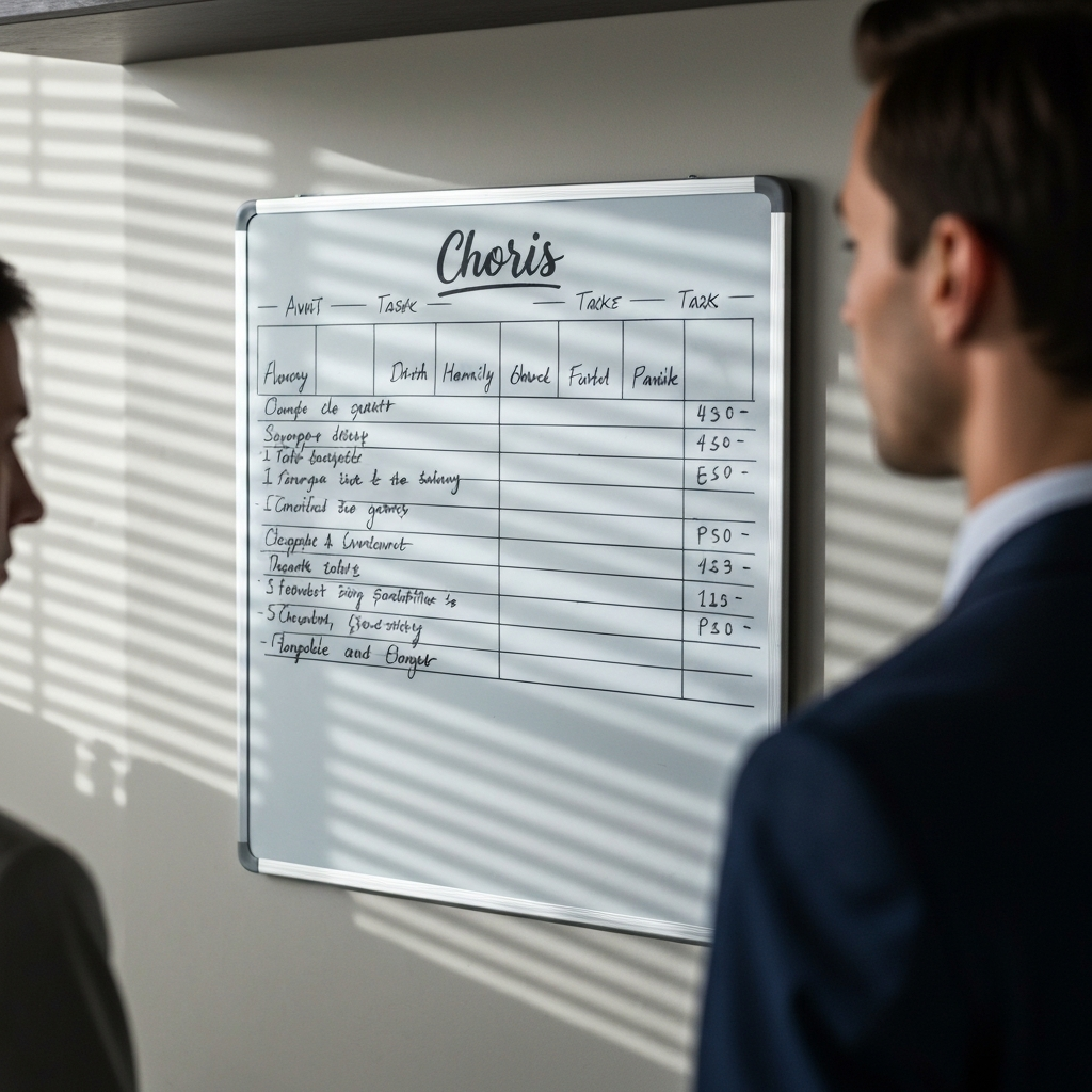 A whiteboard hanging in a family kitchen with a chore chart listing different tasks assigned to each family member. The light is diffused, casting soft shadows on the board.