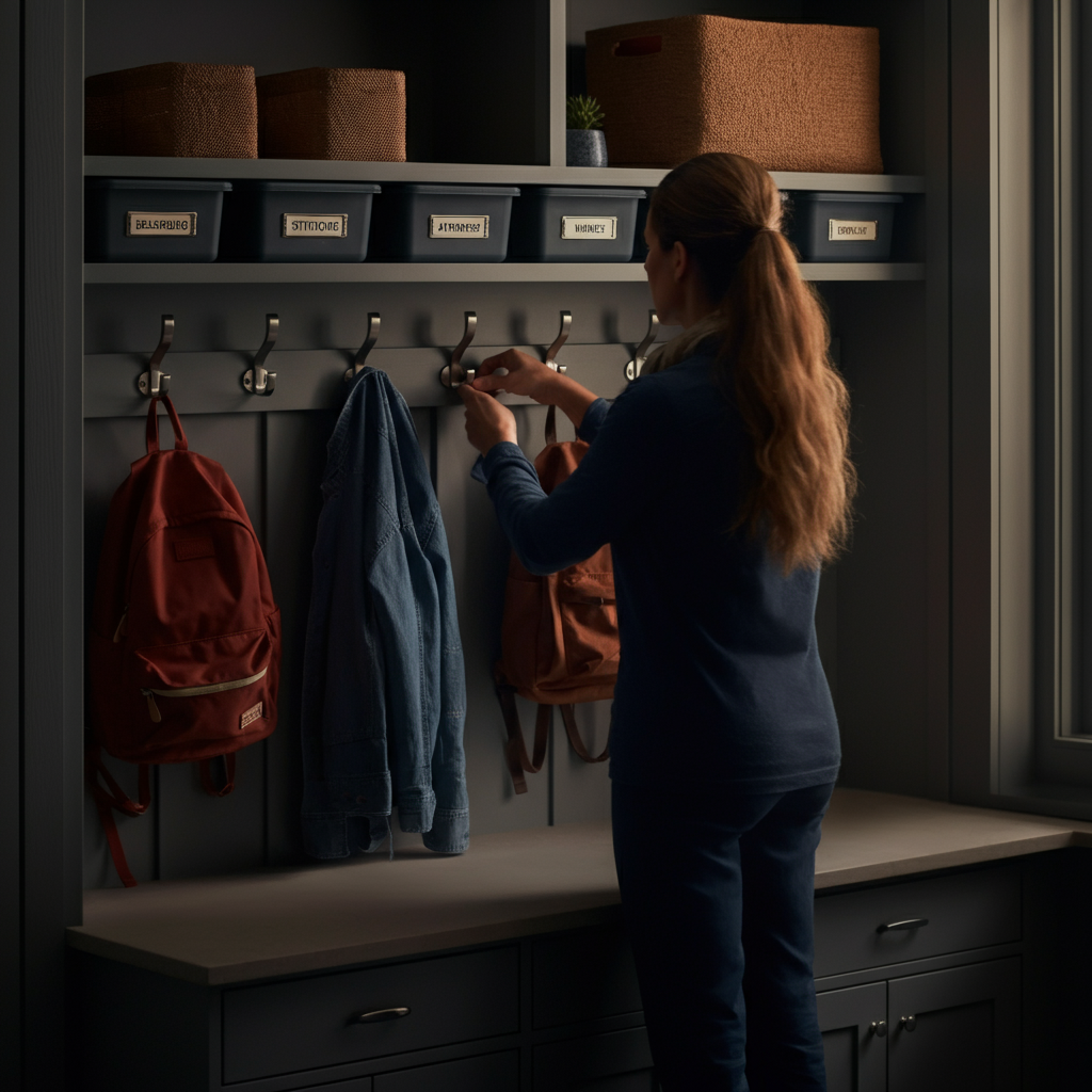 A meticulously organized mudroom with labeled bins and hooks for coats, shoes, and backpacks. Soft side-lit textures highlight the organization system.